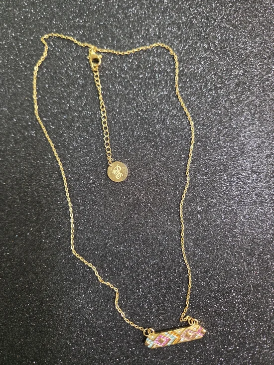 Plunder "Ella" Gold Bar Necklace with Pink and Blue Accents Non Tarnish - Picture 4 of 9